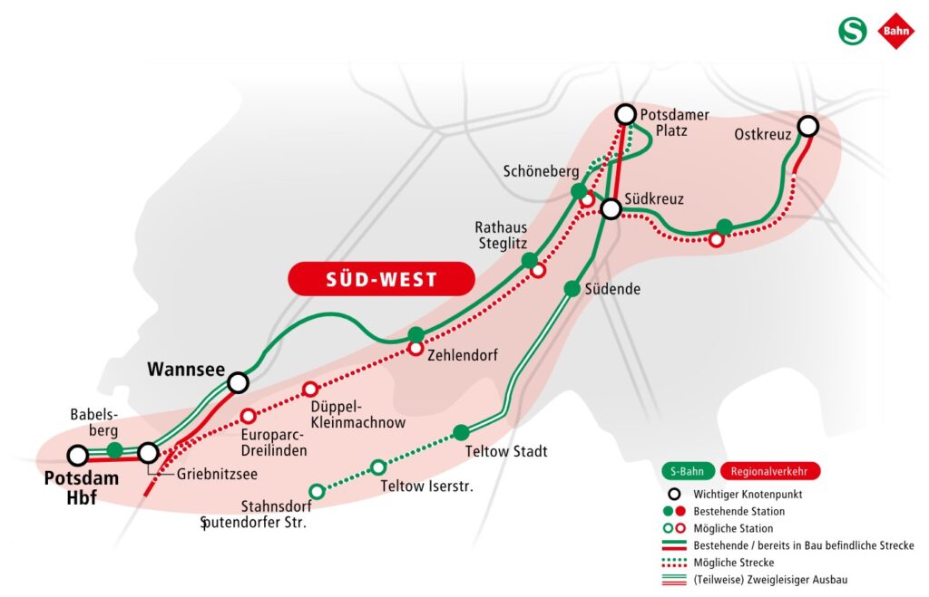 i2030-Korridorkarte SÜD-WEST: Potsdamer Stammbahn+/S25-Süd, Grafik: VBB