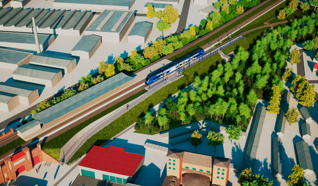 3D-Visualisierungsskizze vom geplanten Haltepunkt Berlin-Wilhelmsruh, Grafik: NEB, VBB & Sequenz