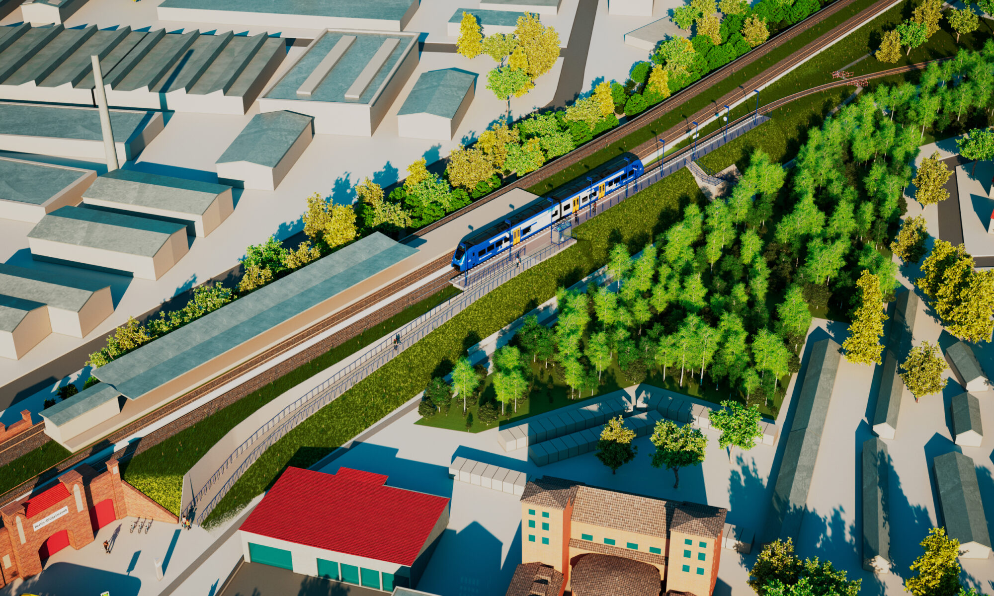 3D-Visualisierungsskizze vom geplanten Haltepunkt Berlin-Wilhelmsruh, Grafik: NEB, VBB & Sequenz